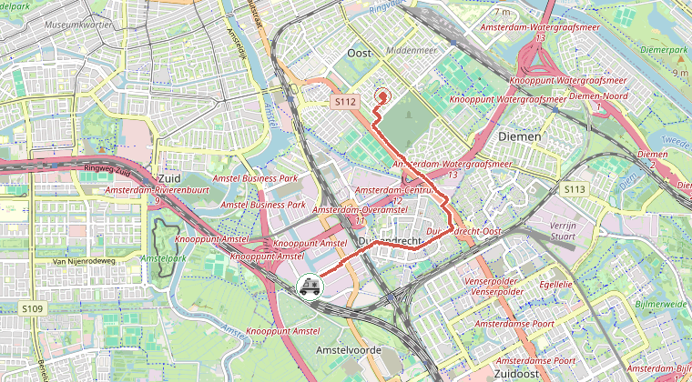 Kaart van de omgeving van de melding, met de kazerne die is gealarmeerd