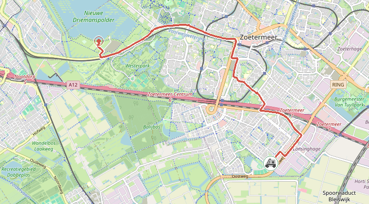 Kaart van de omgeving van de melding, met de kazerne die is gealarmeerd