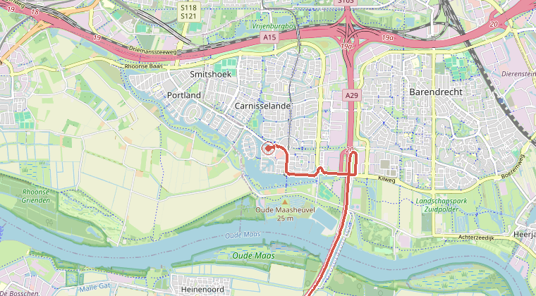 Kaart van de omgeving van de melding, met de kazerne die is gealarmeerd