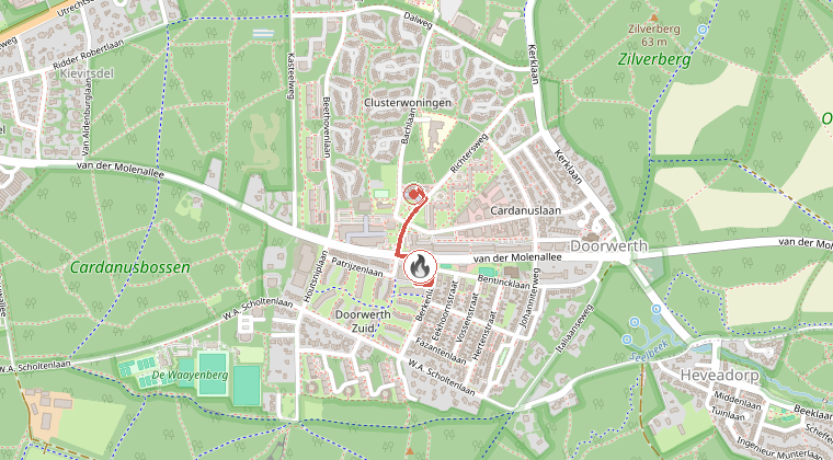 Kaart van de omgeving van de melding, met de kazerne die is gealarmeerd