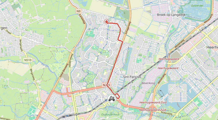 Kaart van de omgeving van de melding, met de kazerne die is gealarmeerd