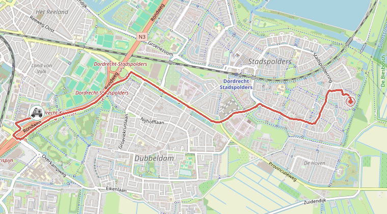 Kaart van de omgeving van de melding, met de kazerne die is gealarmeerd