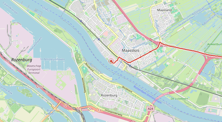 Kaart van de omgeving van de melding, met de kazerne die is gealarmeerd
