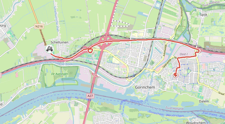 Kaart van de omgeving van de melding, met de kazerne die is gealarmeerd