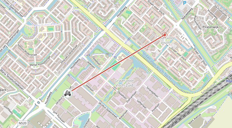 Kaart van de omgeving van de melding, met de kazerne die is gealarmeerd