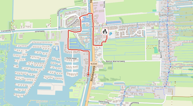 Kaart van de omgeving van de melding, met de kazerne die is gealarmeerd