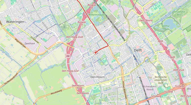 Kaart van de omgeving van de melding, met de kazerne die is gealarmeerd