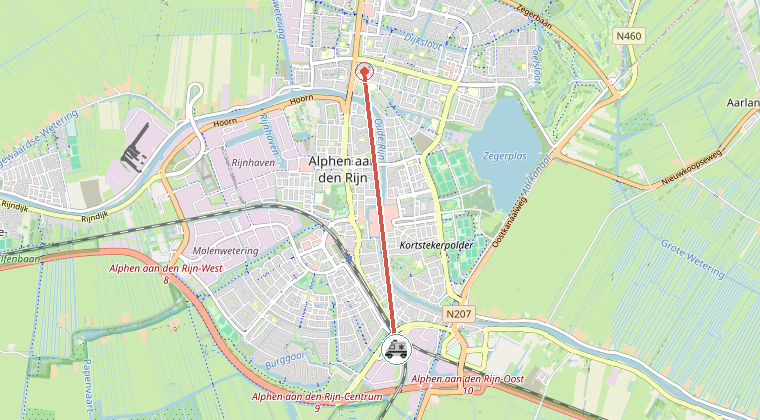 Kaart van de omgeving van de melding, met de kazerne die is gealarmeerd
