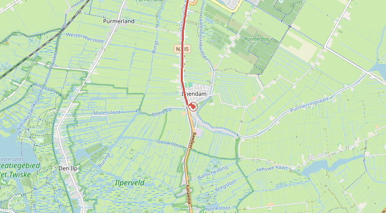 Kaart van de omgeving van de melding, met de kazerne die is gealarmeerd