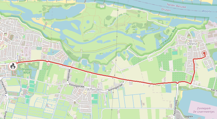Kaart van de omgeving van de melding, met de kazerne die is gealarmeerd