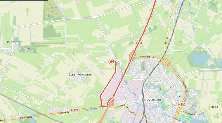 Kaart van de omgeving van de melding, met de kazerne die is gealarmeerd