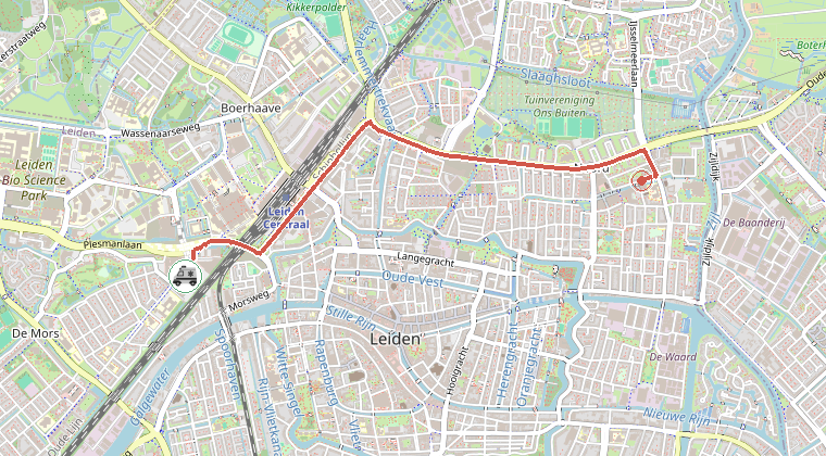 Kaart van de omgeving van de melding, met de kazerne die is gealarmeerd