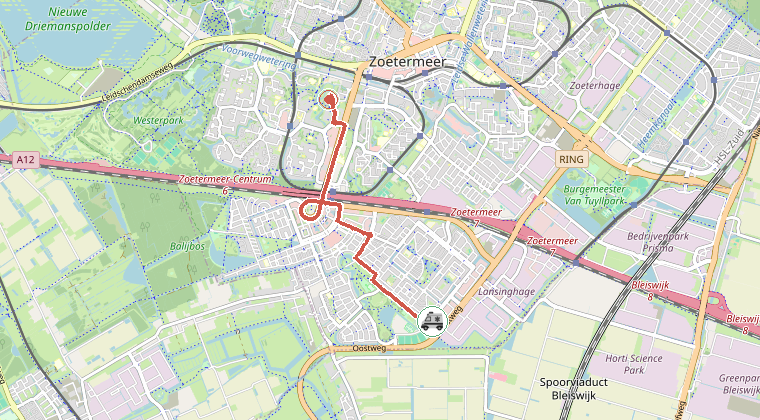 Kaart van de omgeving van de melding, met de kazerne die is gealarmeerd