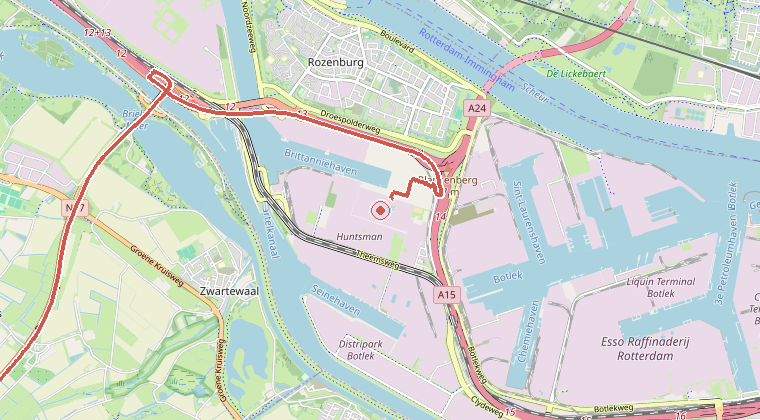 Kaart van de omgeving van de melding, met de kazerne die is gealarmeerd