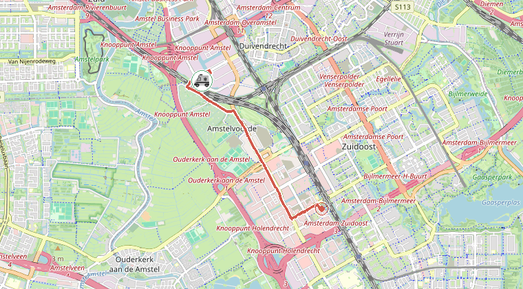 Kaart van de omgeving van de melding, met de kazerne die is gealarmeerd