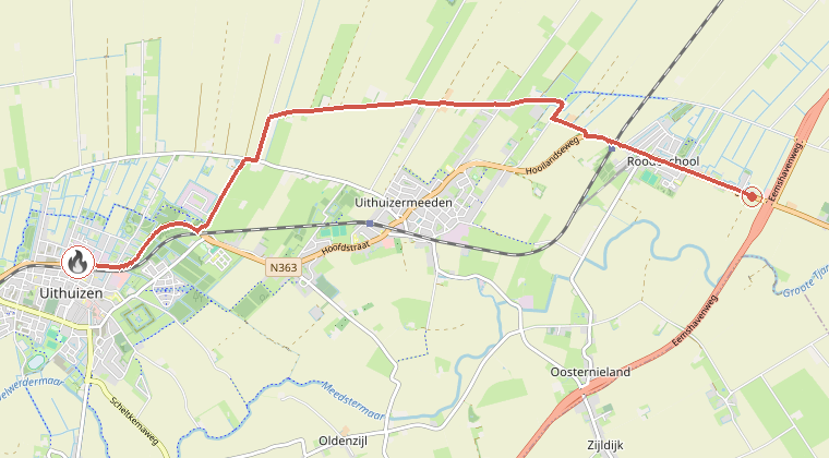 Kaart van de omgeving van de melding, met de kazerne die is gealarmeerd
