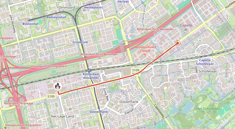 Kaart van de omgeving van de melding, met de kazerne die is gealarmeerd