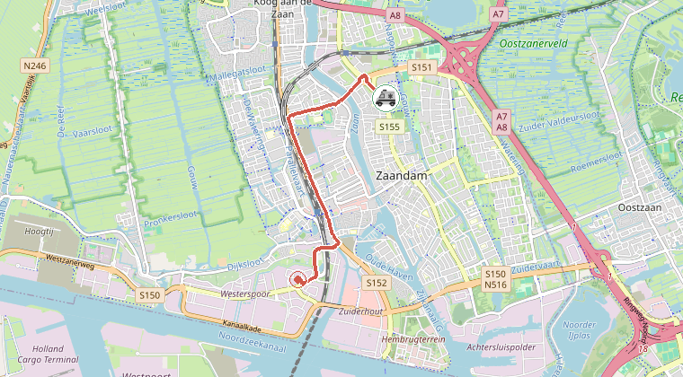 Kaart van de omgeving van de melding, met de kazerne die is gealarmeerd