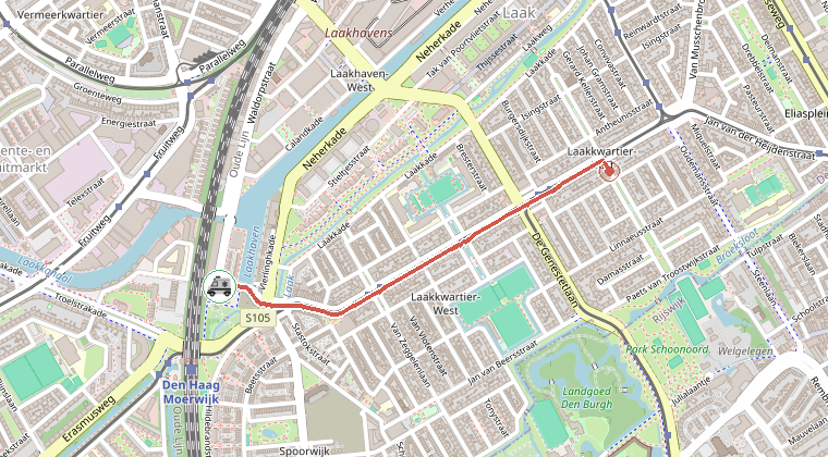Kaart van de omgeving van de melding, met de kazerne die is gealarmeerd