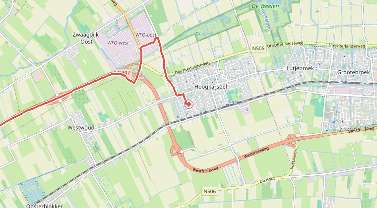 Kaart van de omgeving van de melding, met de kazerne die is gealarmeerd