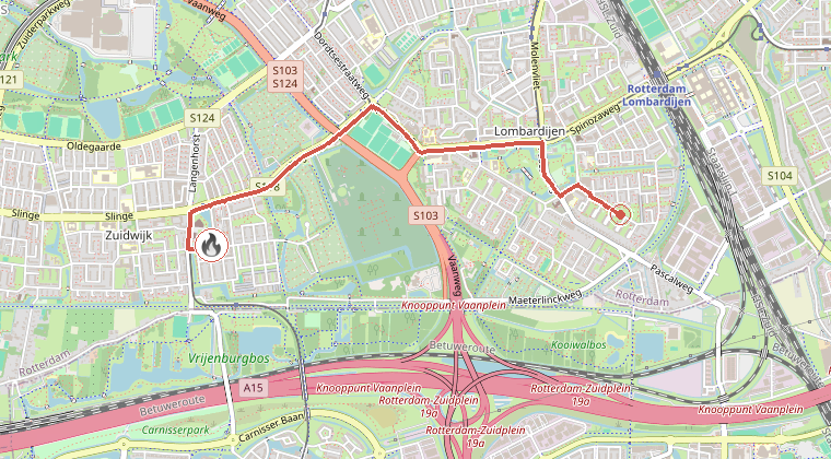 Kaart van de omgeving van de melding, met de kazerne die is gealarmeerd