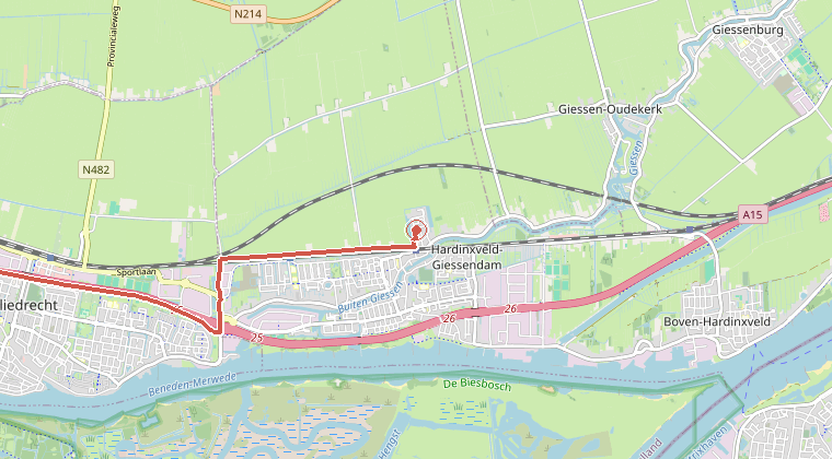 Kaart van de omgeving van de melding, met de kazerne die is gealarmeerd