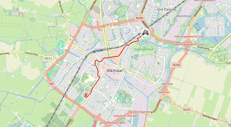 Kaart van de omgeving van de melding, met de kazerne die is gealarmeerd