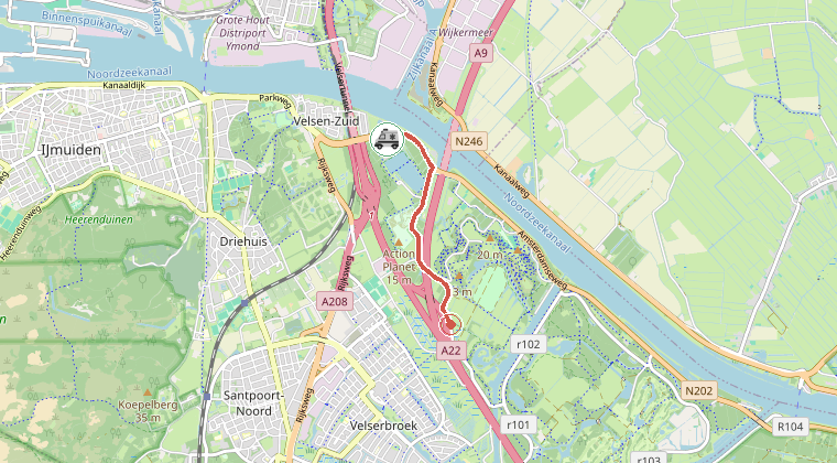 Kaart van de omgeving van de melding, met de kazerne die is gealarmeerd