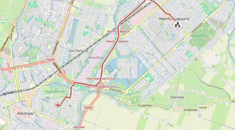 Kaart van de omgeving van de melding, met de kazerne die is gealarmeerd