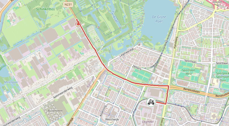 Kaart van de omgeving van de melding, met de kazerne die is gealarmeerd