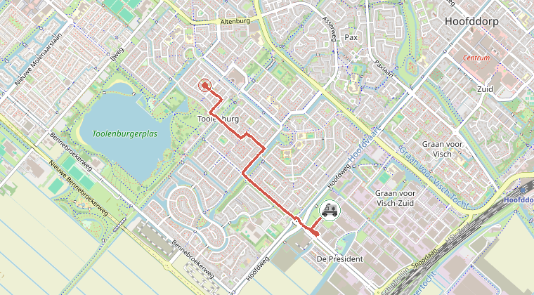 Kaart van de omgeving van de melding, met de kazerne die is gealarmeerd
