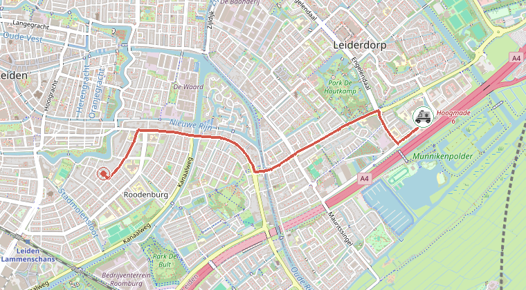Kaart van de omgeving van de melding, met de kazerne die is gealarmeerd