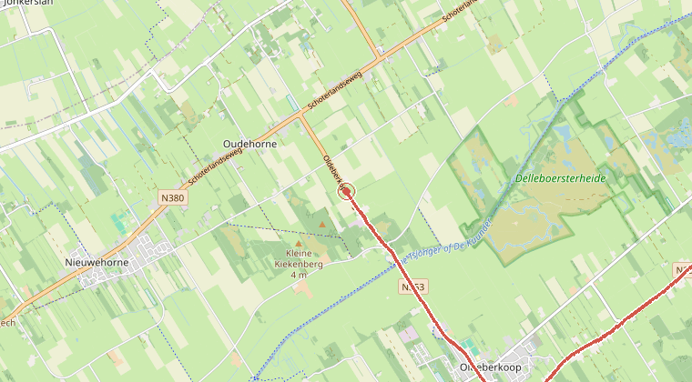 Kaart van de omgeving van de melding, met de kazerne die is gealarmeerd