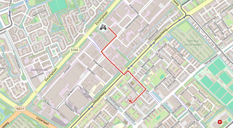 Kaart van de omgeving van de melding, met de kazerne die is gealarmeerd