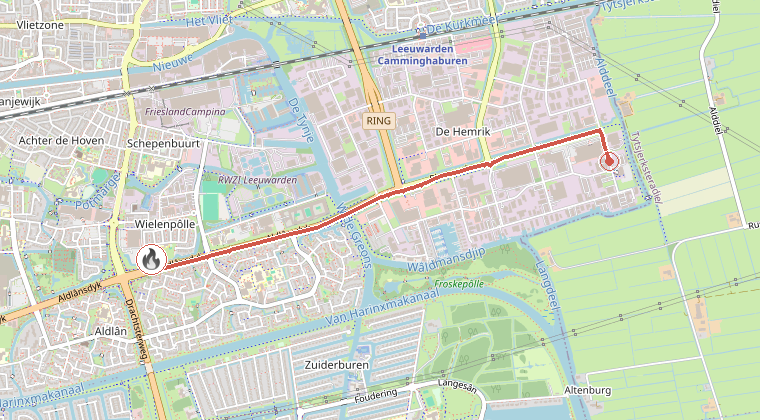 Kaart van de omgeving van de melding, met de kazerne die is gealarmeerd