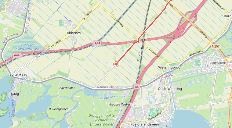 Kaart van de omgeving van de melding, met de kazerne die is gealarmeerd