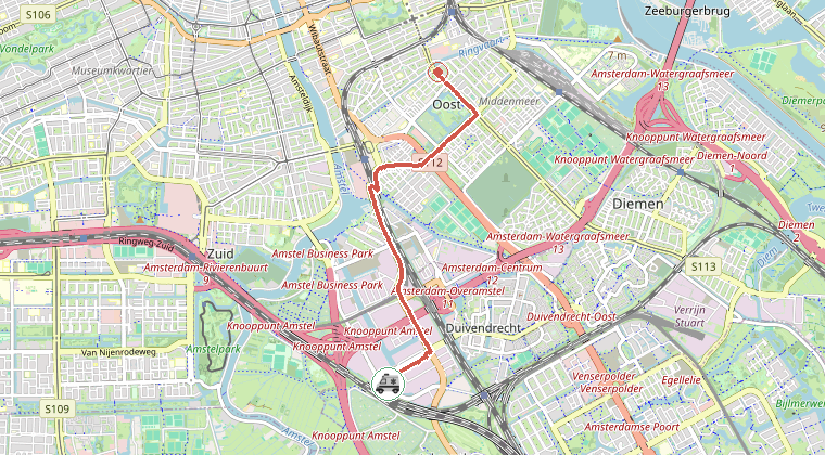Kaart van de omgeving van de melding, met de kazerne die is gealarmeerd