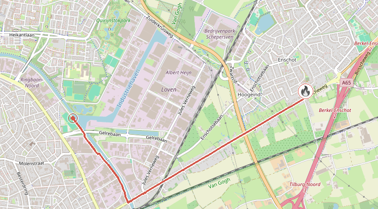 Kaart van de omgeving van de melding, met de kazerne die is gealarmeerd