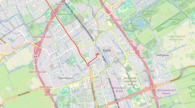 Kaart van de omgeving van de melding, met de kazerne die is gealarmeerd