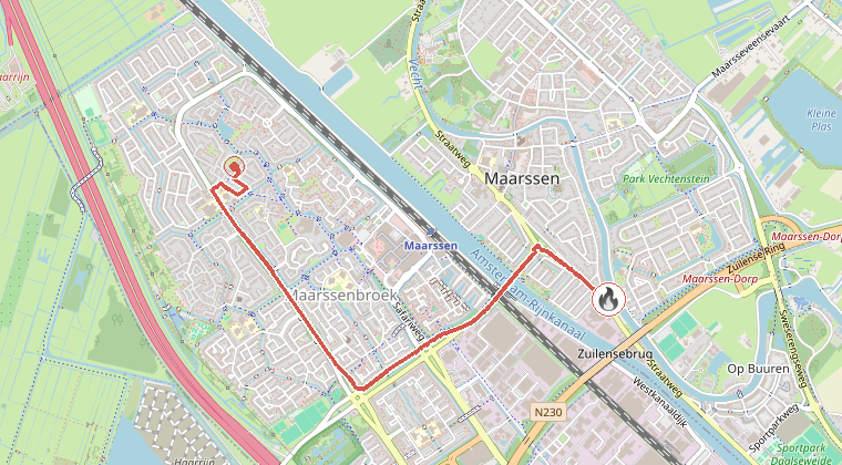 Kaart van de omgeving van de melding, met de kazerne die is gealarmeerd