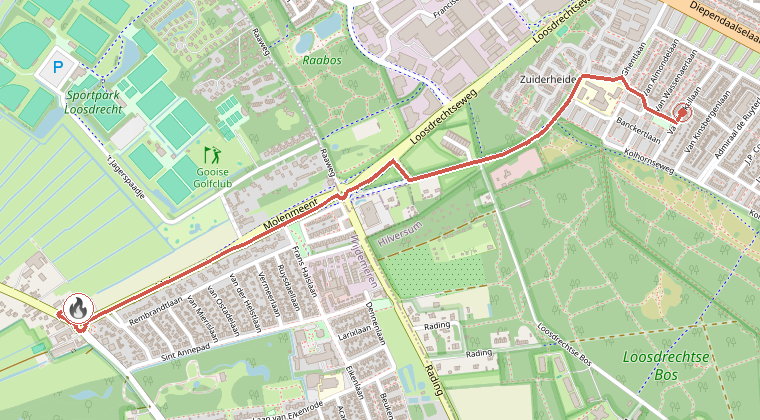 Kaart van de omgeving van de melding, met de kazerne die is gealarmeerd