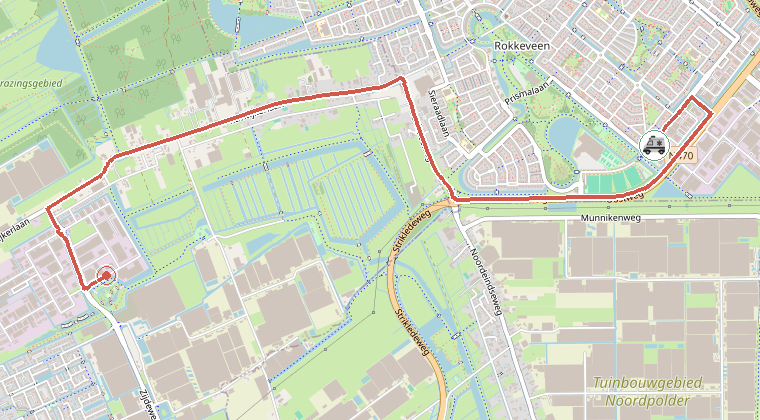 Kaart van de omgeving van de melding, met de kazerne die is gealarmeerd