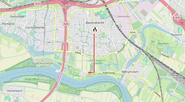 Kaart van de omgeving van de melding, met de kazerne die is gealarmeerd