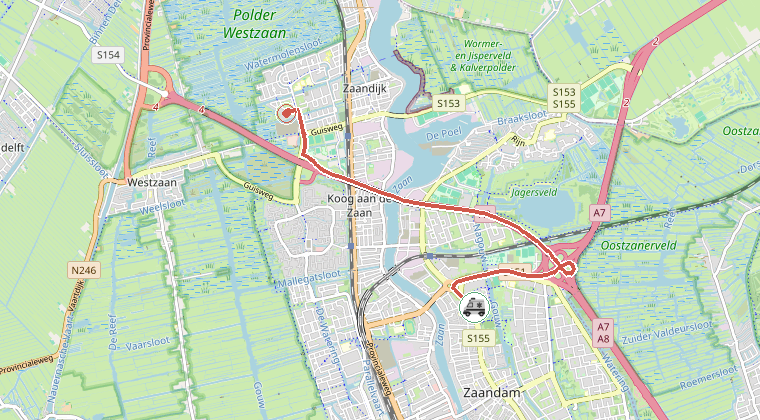 Kaart van de omgeving van de melding, met de kazerne die is gealarmeerd
