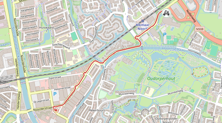 Kaart van de omgeving van de melding, met de kazerne die is gealarmeerd