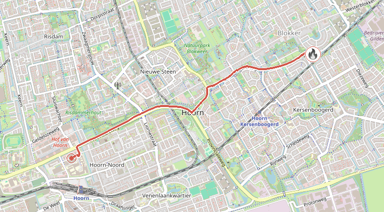 Kaart van de omgeving van de melding, met de kazerne die is gealarmeerd