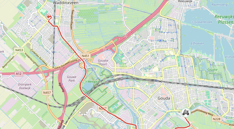 Kaart van de omgeving van de melding, met de kazerne die is gealarmeerd