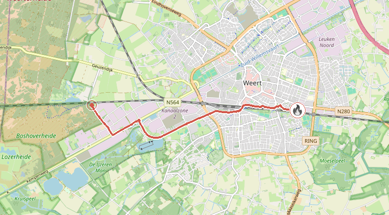 Kaart van de omgeving van de melding, met de kazerne die is gealarmeerd