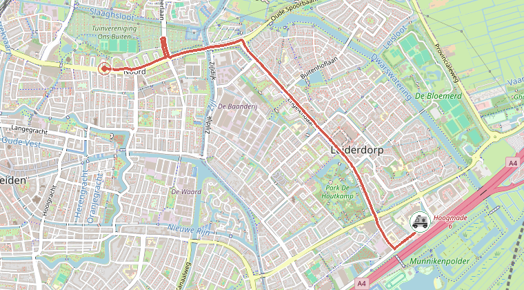 Kaart van de omgeving van de melding, met de kazerne die is gealarmeerd