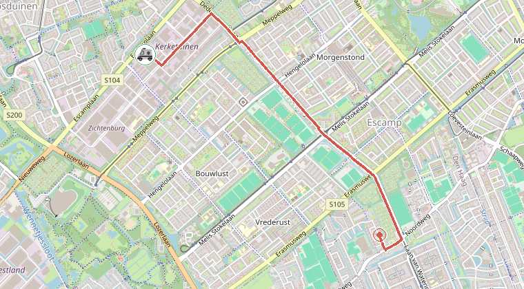 Kaart van de omgeving van de melding, met de kazerne die is gealarmeerd